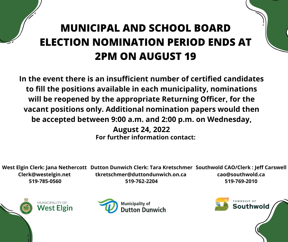 Municipal and School Board Election nomination period graphic