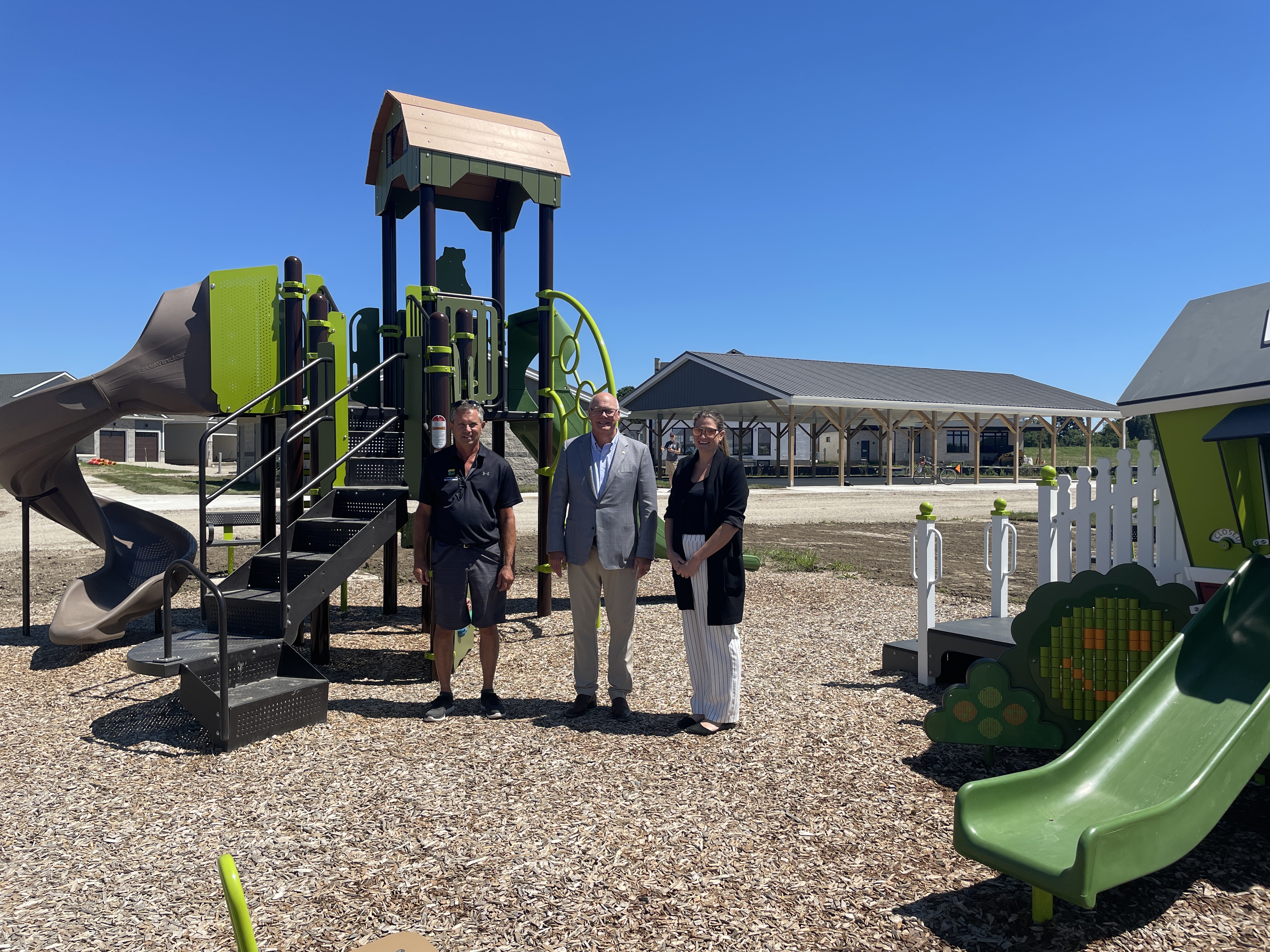 Talbotville Park Playground image with Mayor Jones, MPP Flack and Amelia Sloan, OTF